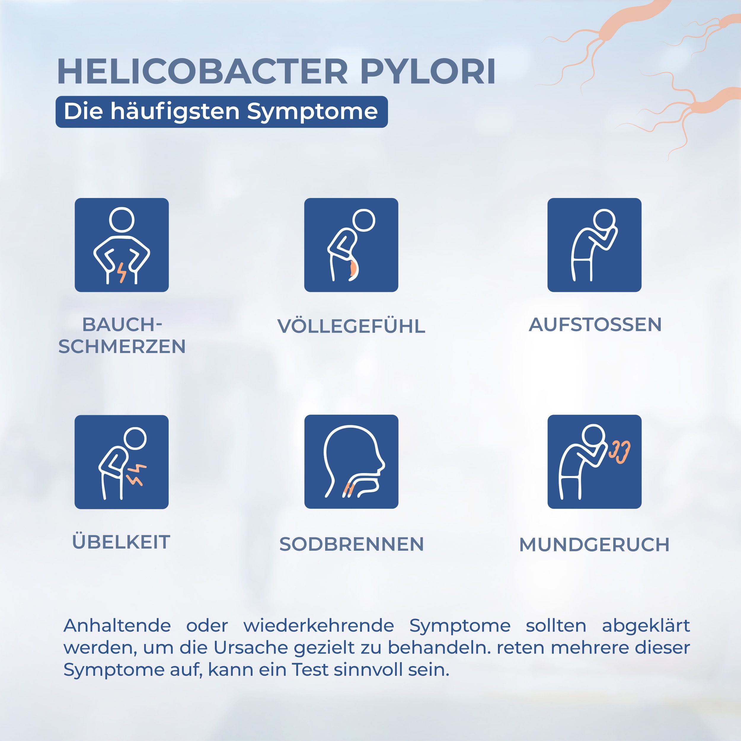 Symbole für Symptome von Helicobacter pylori: Bauchschmerzen, Völlegefühl, Aufstoßen, Übelkeit, Sodbrennen, Mundgeruch.