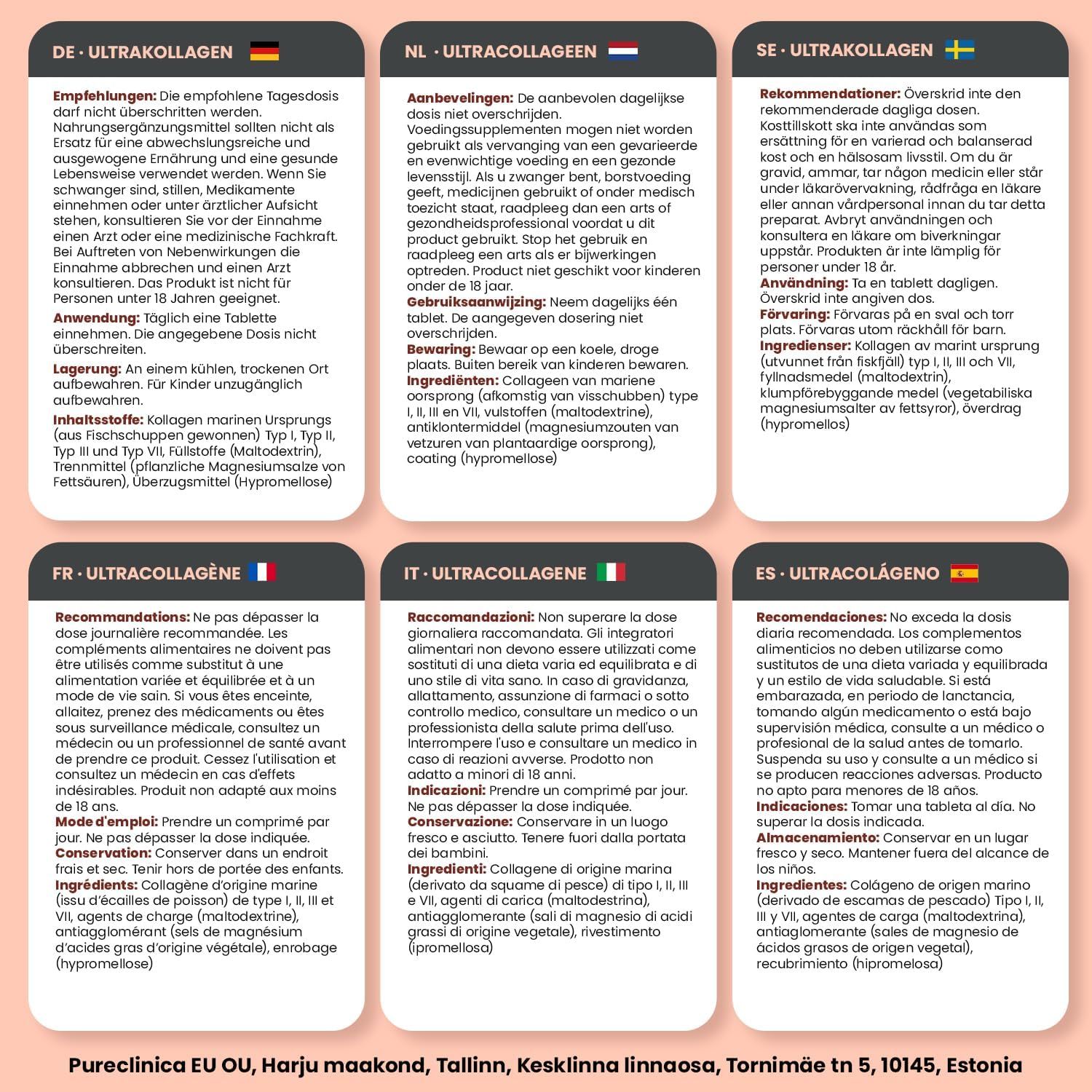 Mehrsprachige Informationen zu UltraColl. Enthält Empfehlungen, Warnhinweise und Inhaltsstoffe in Deutsch, Französisch, Italienisch, Niederländisch, Schwedisch und Spanisch.