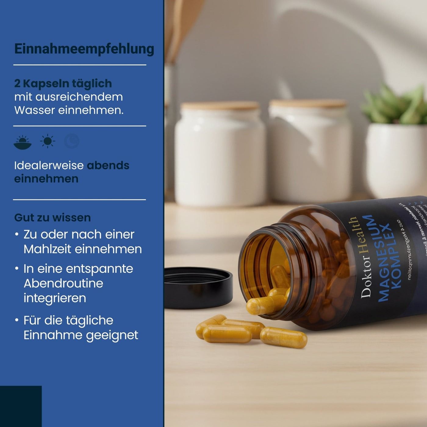 Braune Flasche Doktor Health Magnesium Komplex, daneben Kapseln. Text: 2 Kapseln täglich mit Wasser. Einnahme abends. Einnahme nach Mahlzeit.