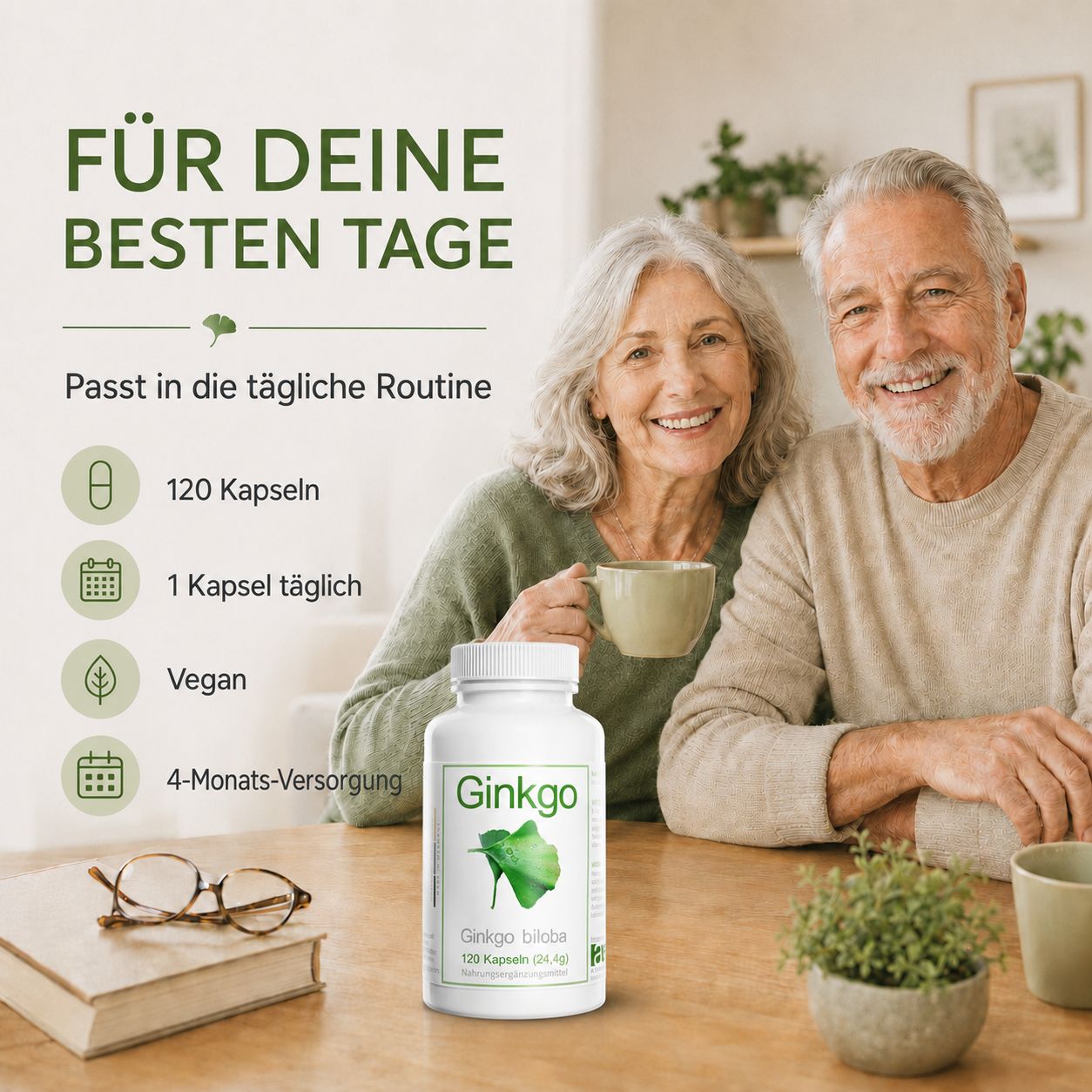Flasche Ginkgo Kapseln neben einem lächelnden älteren Paar, mit Informationen zur täglichen Routine.