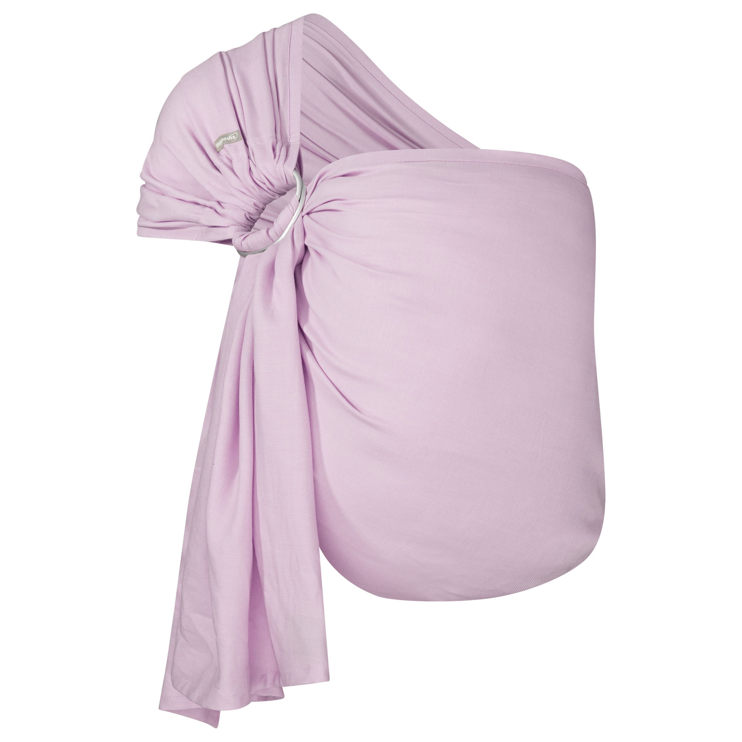 Ring-Sling aus Stoff, helllila. Metallring zur Befestigung. Stoffbahnen gefaltet.