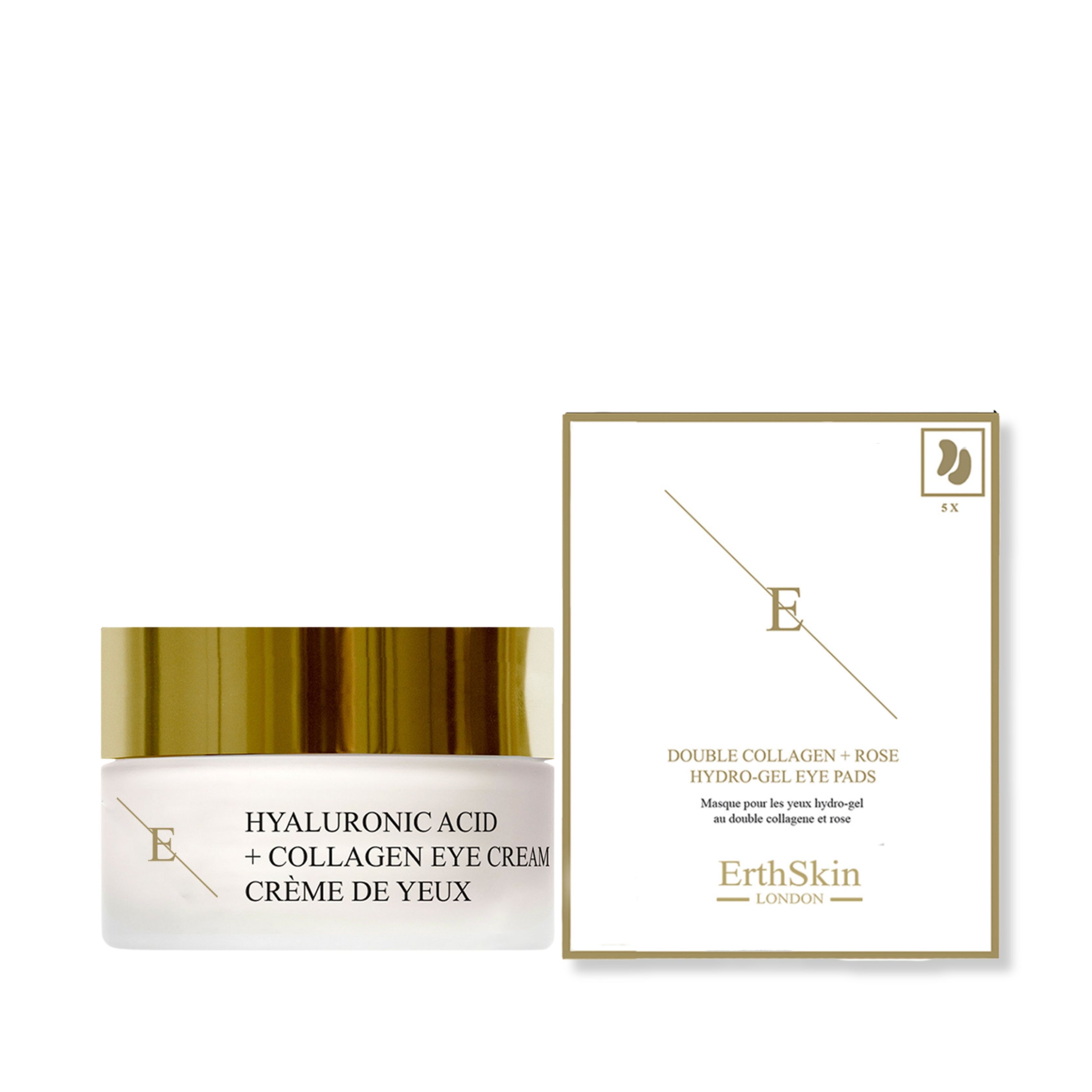 Augencreme-Glas und Augenpads-Verpackung. Aufschrift: Hyaluronsäure + Collagen Eye Cream. Verpackung: Double Collagen + Rose Hydro-Gel Eye Pads.