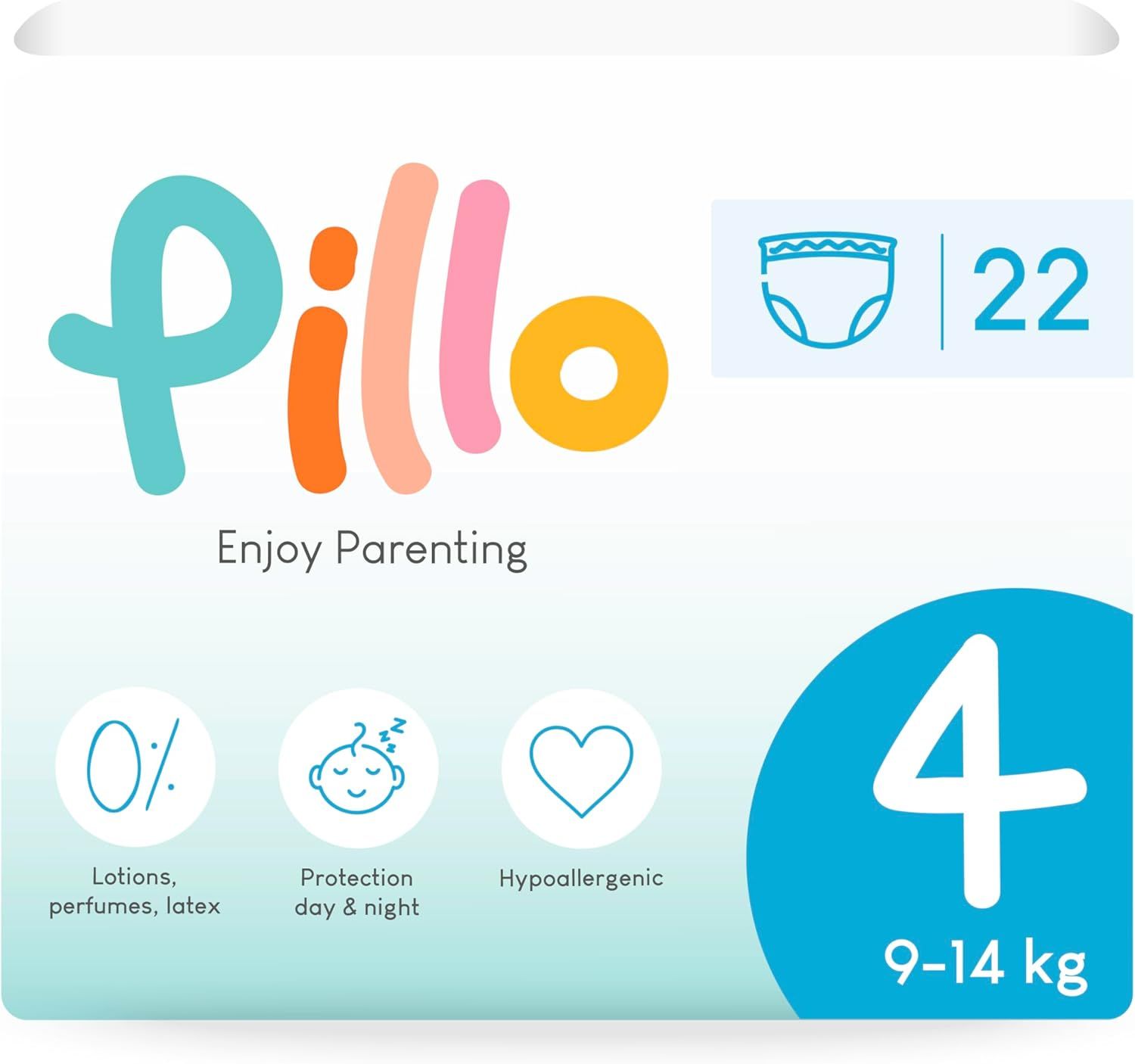 Pillo Pants, Größe 4, Maxi, 9-14 kg. Verpackung mit Produktinformationen und Logos: 0%, Schutz, hypoallergen.