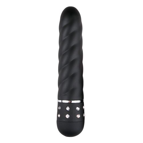 Schwarzer Vibrator mit gewindeartiger Oberfläche. Am unteren Ende Ziersteine.