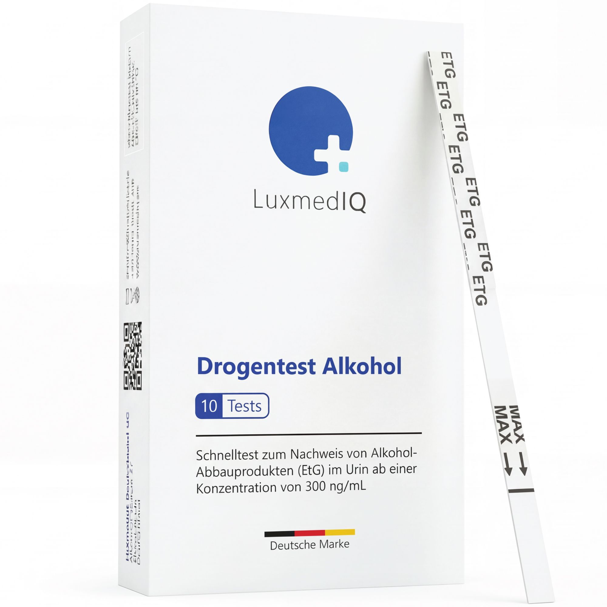 Produktbox und Teststreifen. Box mit Logo und Produktname. Teststreifen mit Markierungen. Hintergrund: weiß.