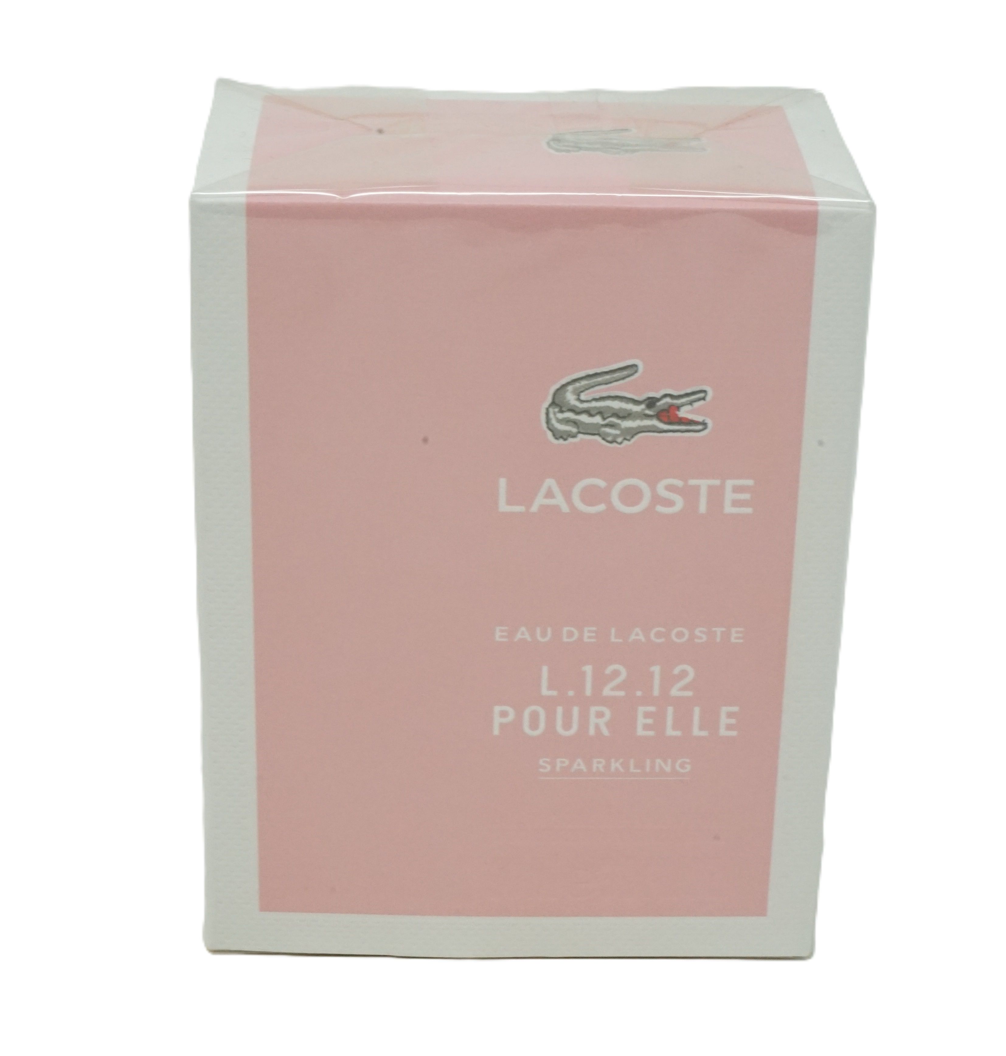 Rosa Verpackung mit Lacoste-Logo und Produktnamen. Weißer Hintergrund.