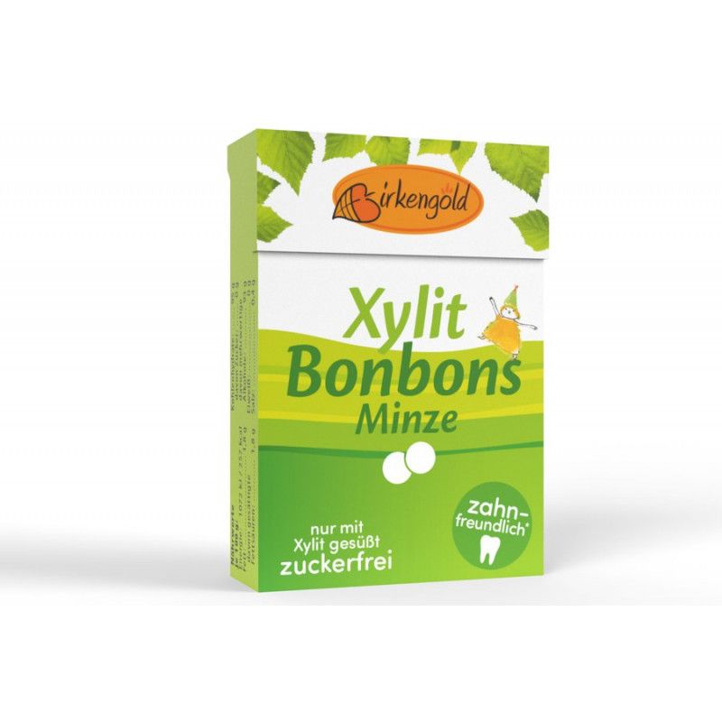 Verpackung von Birkengold Xylit Bonbons Minze. Grün-weißes Design mit Produktnamen und zahnfreundlich-Logo.