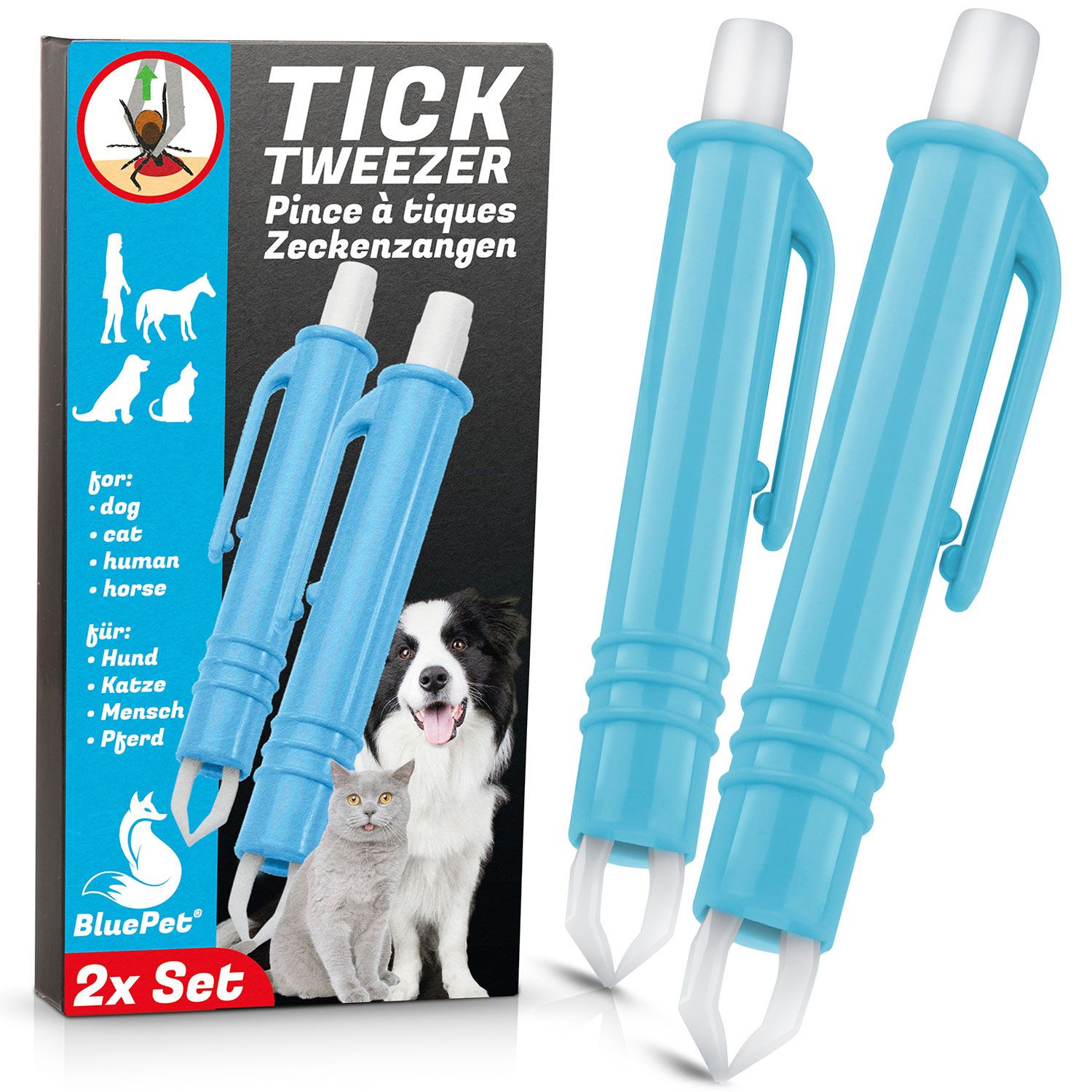 Zwei blaue Zeckenzangen im Set. Verpackung mit Produktname, Illustrationen von Tieren und Text in Deutsch und Französisch.