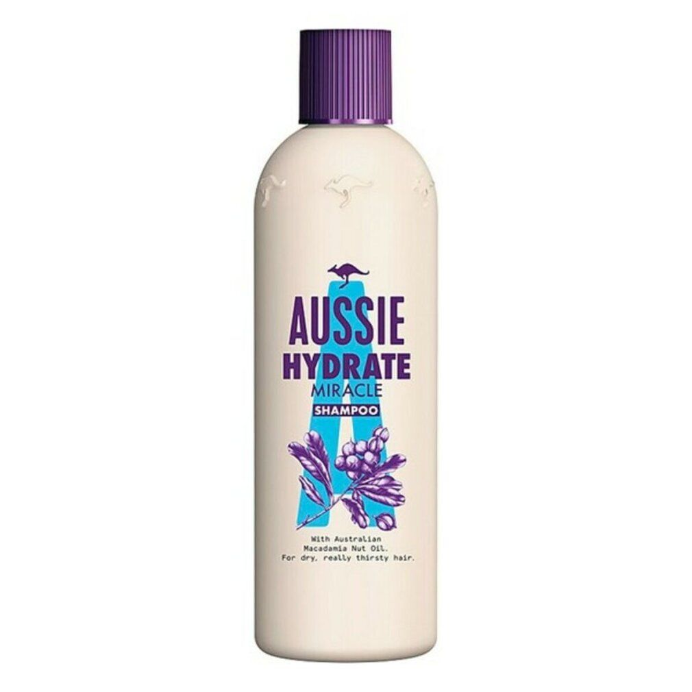 Beige Shampoo-Flasche mit lila Verschluss. Aufschrift: Aussie Hydrate Miracle Shampoo. Illustration mit Blättern und Beeren.