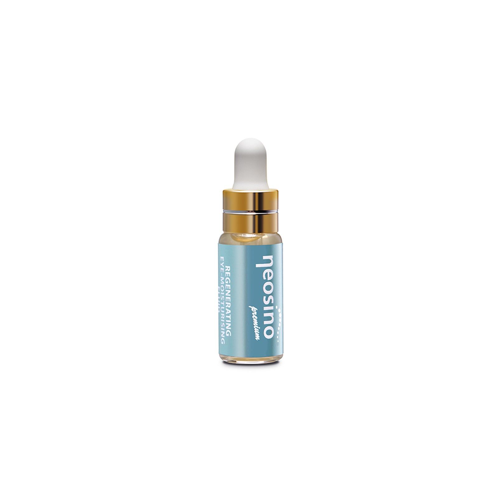 Kleine Glasflasche mit Pipette. Aufschrift "neosino premium". Etikett mit "REGENERATING EYE MOISTURISING".