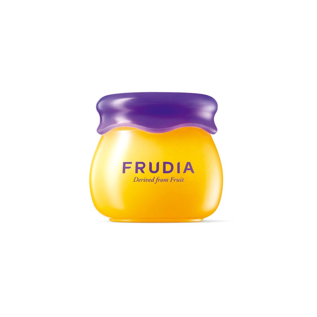 Frudia Lip Balm, gelb, in Glasform mit lila Deckel. Schriftzug 'FRUDIA' und 'Derived from Fruit'.