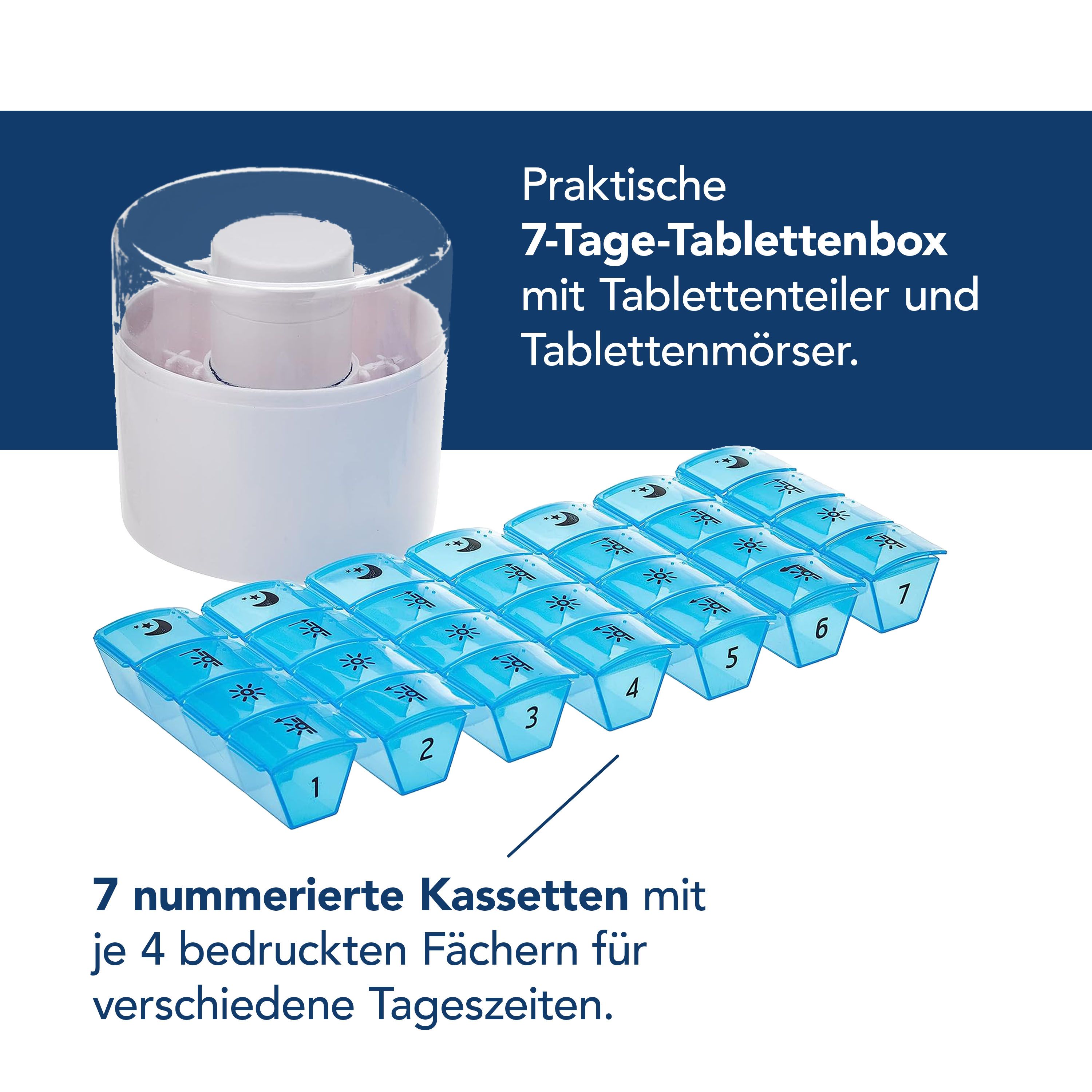 First Aid Only Tablettenbox mit Tablettenteiler und Mörser 7 Tage