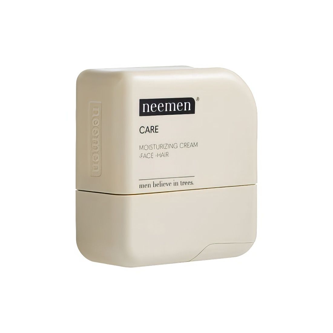 Beige Creme-Spender. Schwarzer Schriftzug: Neemen Care, Feuchtigkeitscreme für Gesicht und Haar. Text: men believe in trees.
