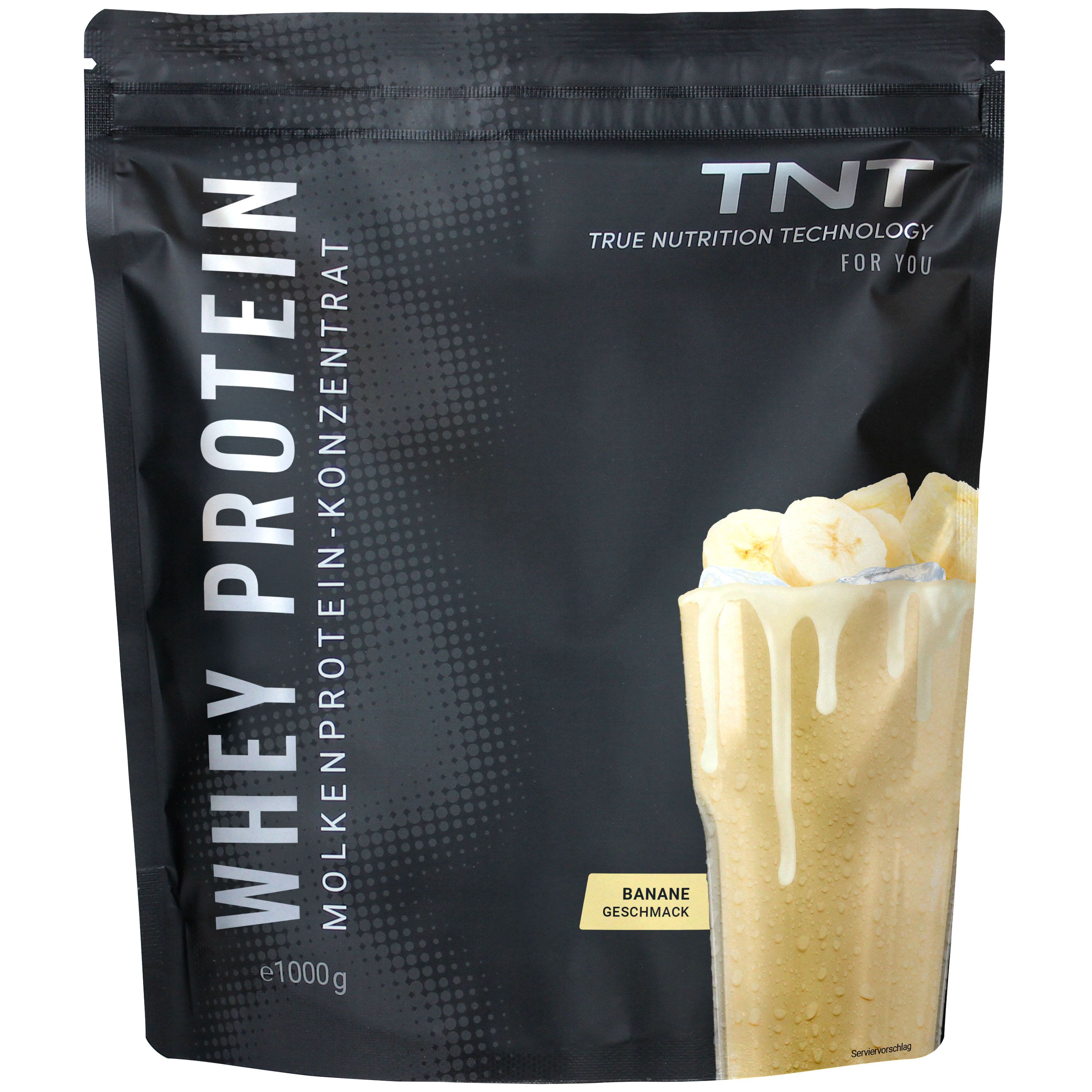 Schwarze Tüte mit TNT Whey Protein Konzentrat. Aufdruck: Whey Protein, Banane Geschmack. Abgebildet: Shake mit Bananenstücken.