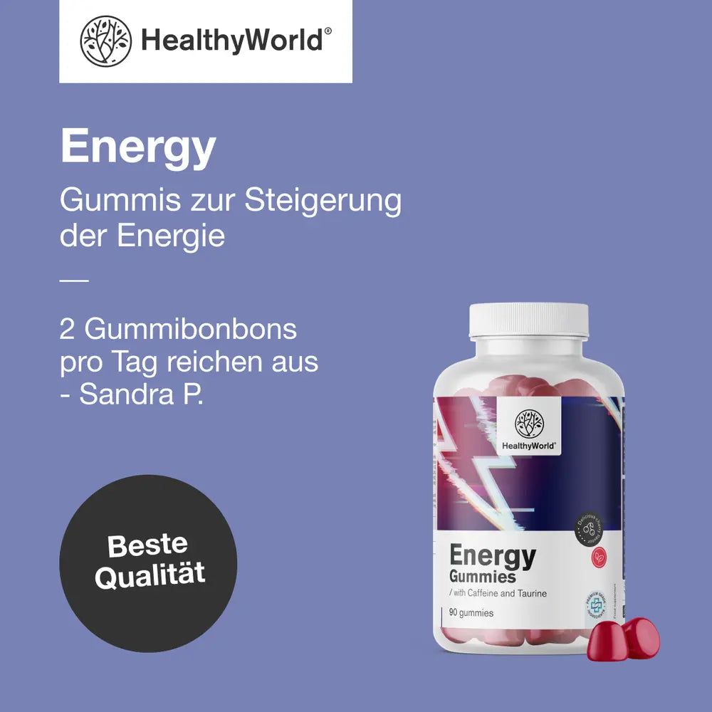 HealthyWorld Energy Gummies Flasche mit 90 Gummibonbons und zwei einzelnen Gummibonbons daneben.