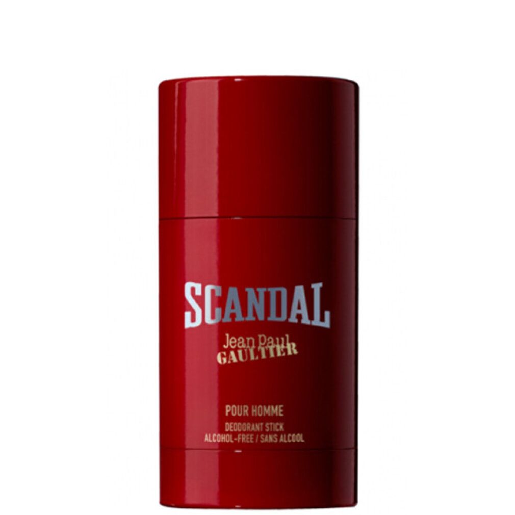 Roter Deostift. Aufschrift: SCANDAL, Jean Paul Gaultier, POUR HOMME, Deodorant Stick, ALCOHOL-FREE / SANS ALCOOL.