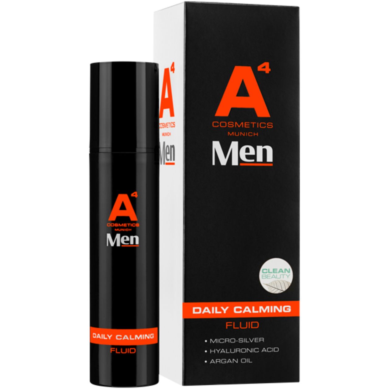 Schwarze Flasche und Verpackung. Aufschrift: A4 Cosmetics Men, Daily Calming Fluid. Enthält Micro-Silver, Hyaluronsäure, Arganöl.
