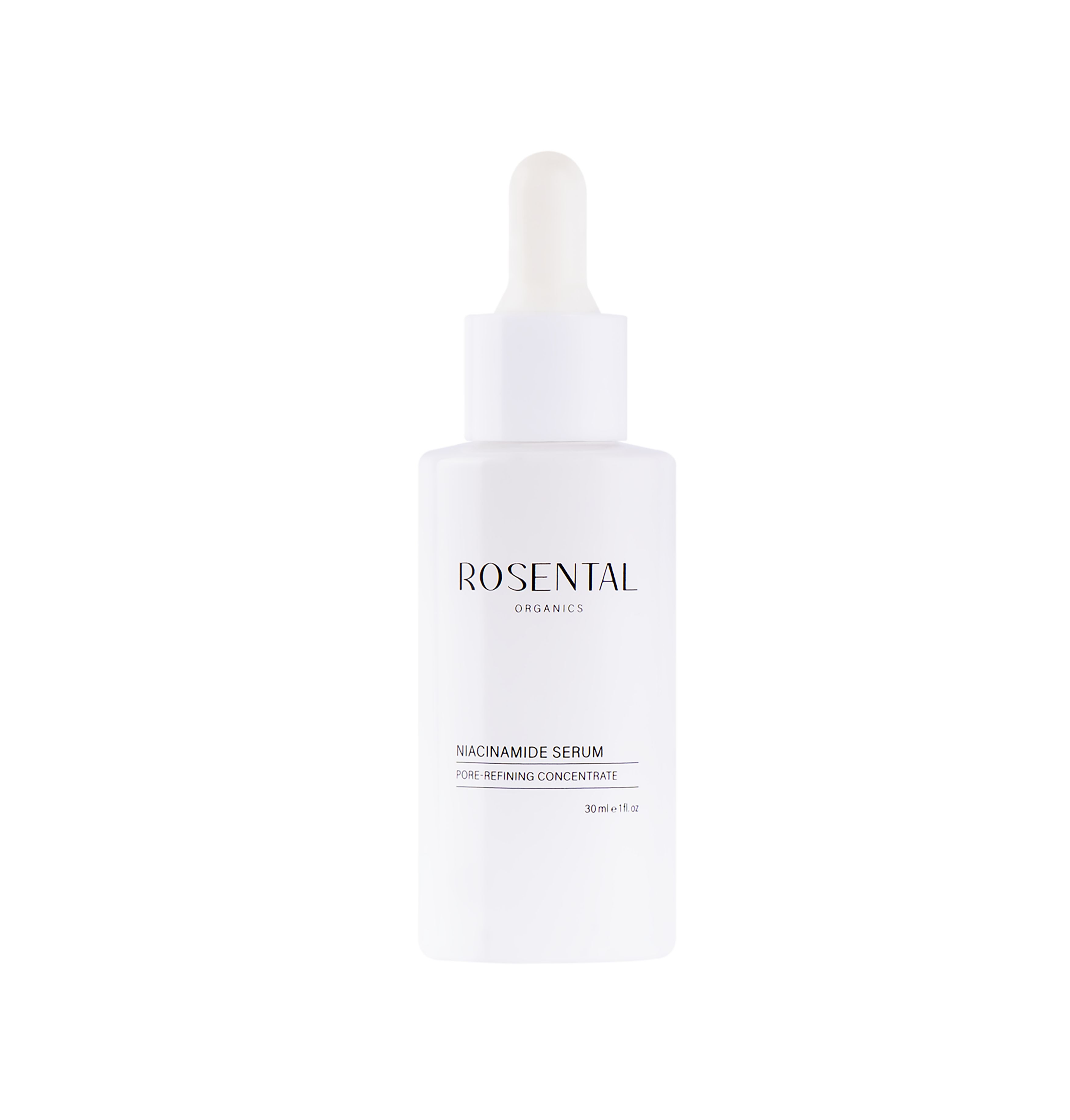 Weiße Flasche mit Pipette. Text: Rosental Organics, Niacinamid Serum, Pore Refining Concentrate. 30ml/1 fl oz.