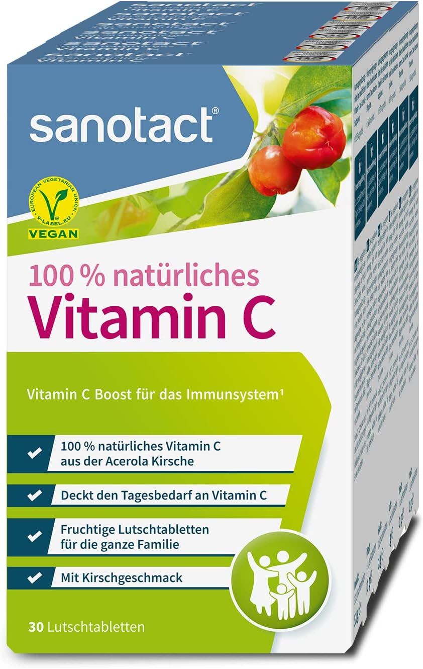 sanotact Vitamin C Packung. Text: 100% natürliches Vitamin C, Acerola Kirsche. Vegan-Siegel. 30 Lutschtabletten. Für die ganze Familie.