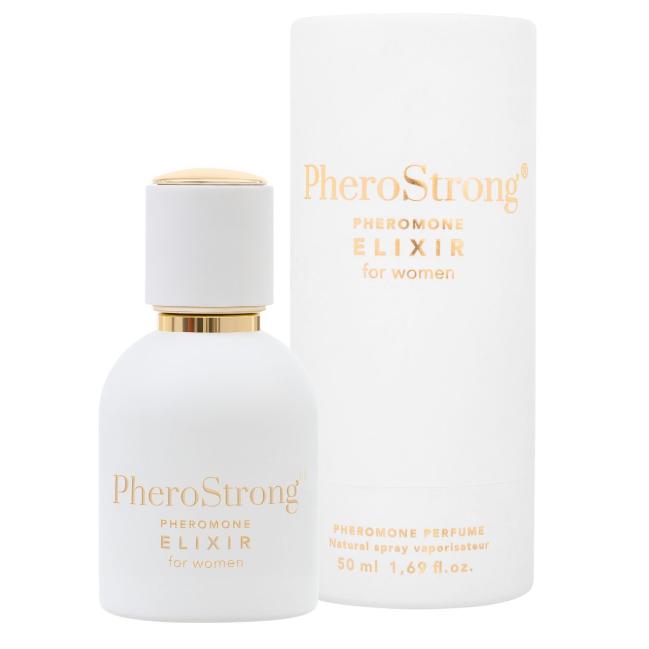 Weiße Flasche und Verpackung. Aufschrift: PheroStrong, ELIXIR for women. Produktname in Gold. 50 ml.