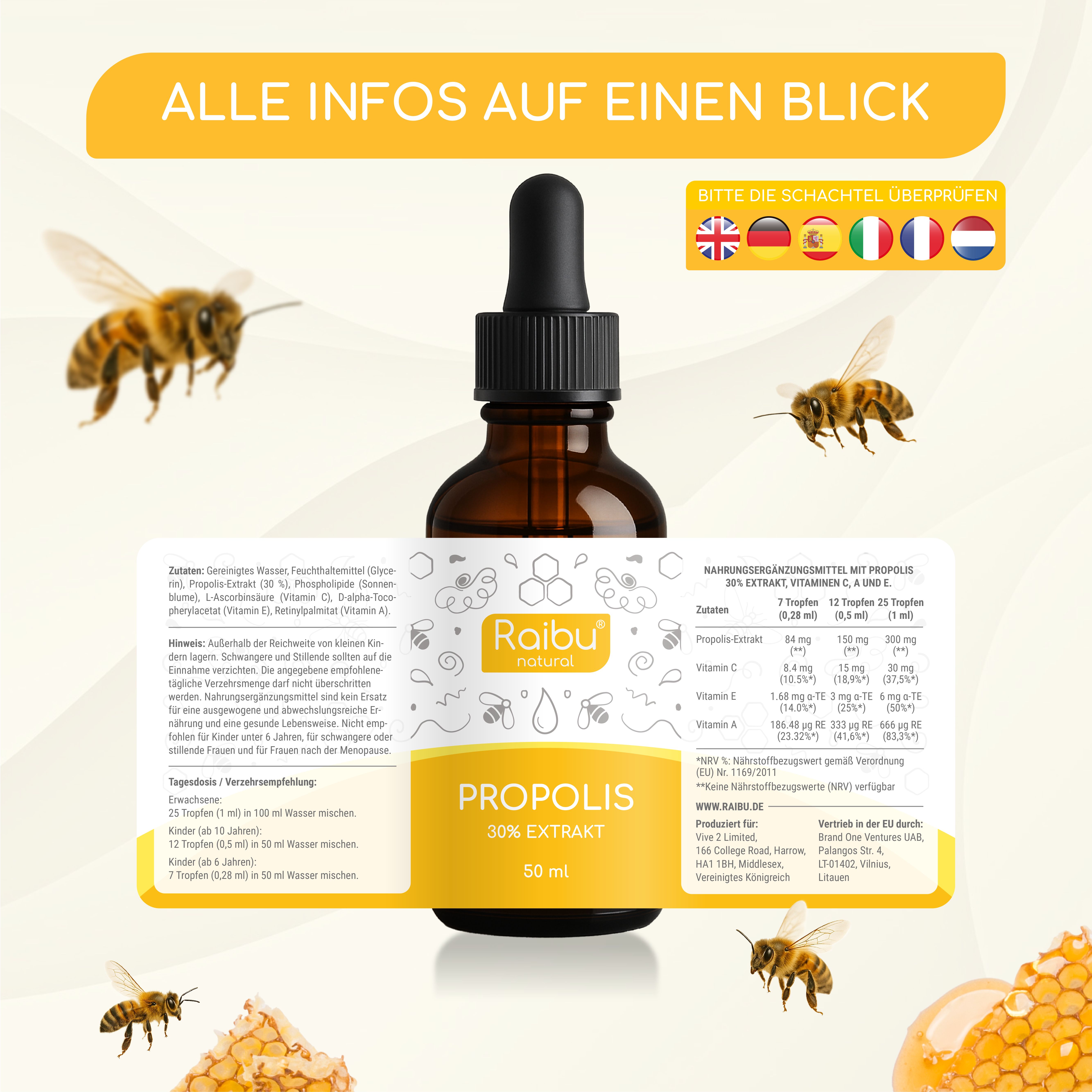 Braune Glasflasche mit Tropfer, Etikett mit "Raibu natural" und "PROPOLIS 30% EXTRAKT". Zusätzliche Informationen und Bienen.