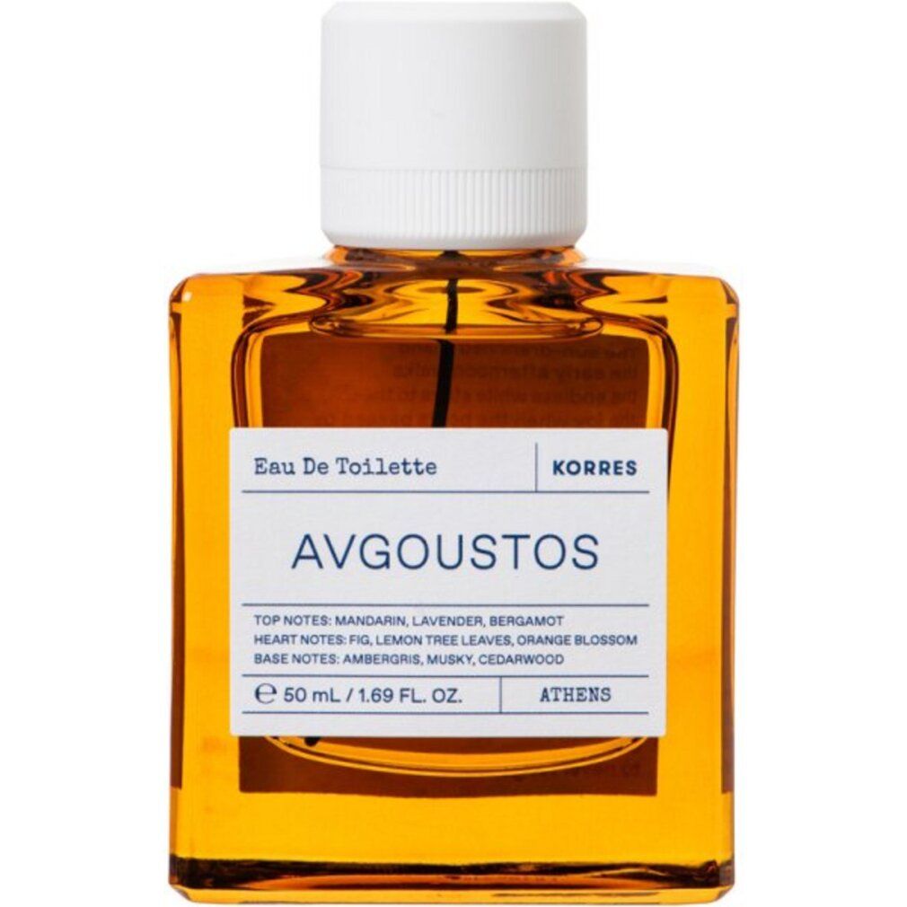 KORRES Eau de Toilette Avgoustos Unisex, 50ml. Flakon mit bernsteinfarbener Flüssigkeit und weißem Verschluss.