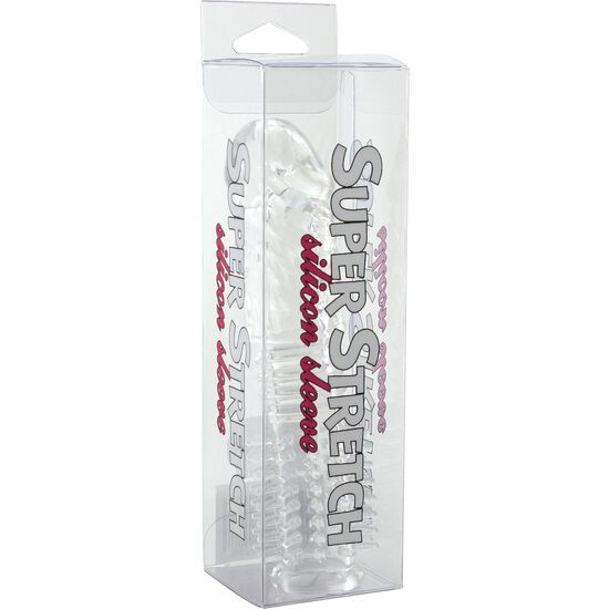 Transparente Silikonhülle in Klarsichtverpackung. Aufdruck: "SUPER STRETCH silicon sleeve".