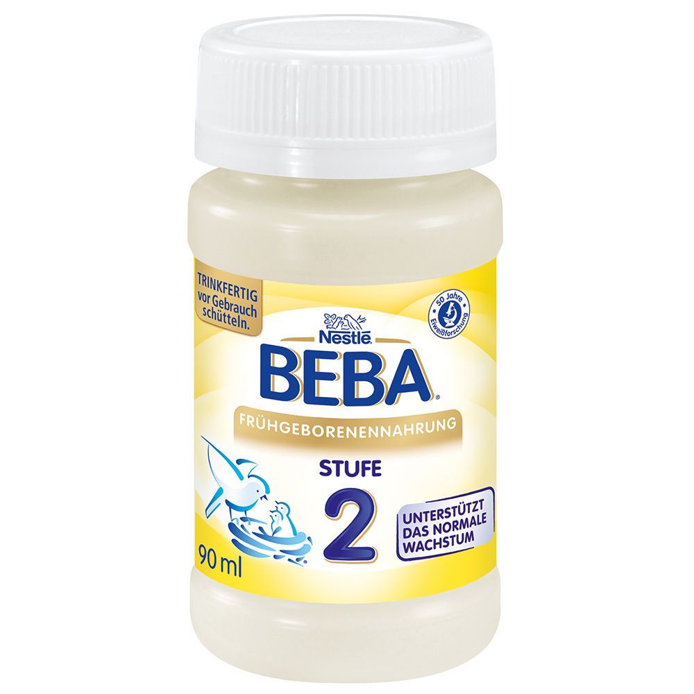 Einzelne Flasche Nestlé BEBA Frühgeborenen Nahrung Stufe 2. Weiße Flasche mit gelbem Etikett und weißem Deckel. Aufschrift BEBA und Stufe 2.