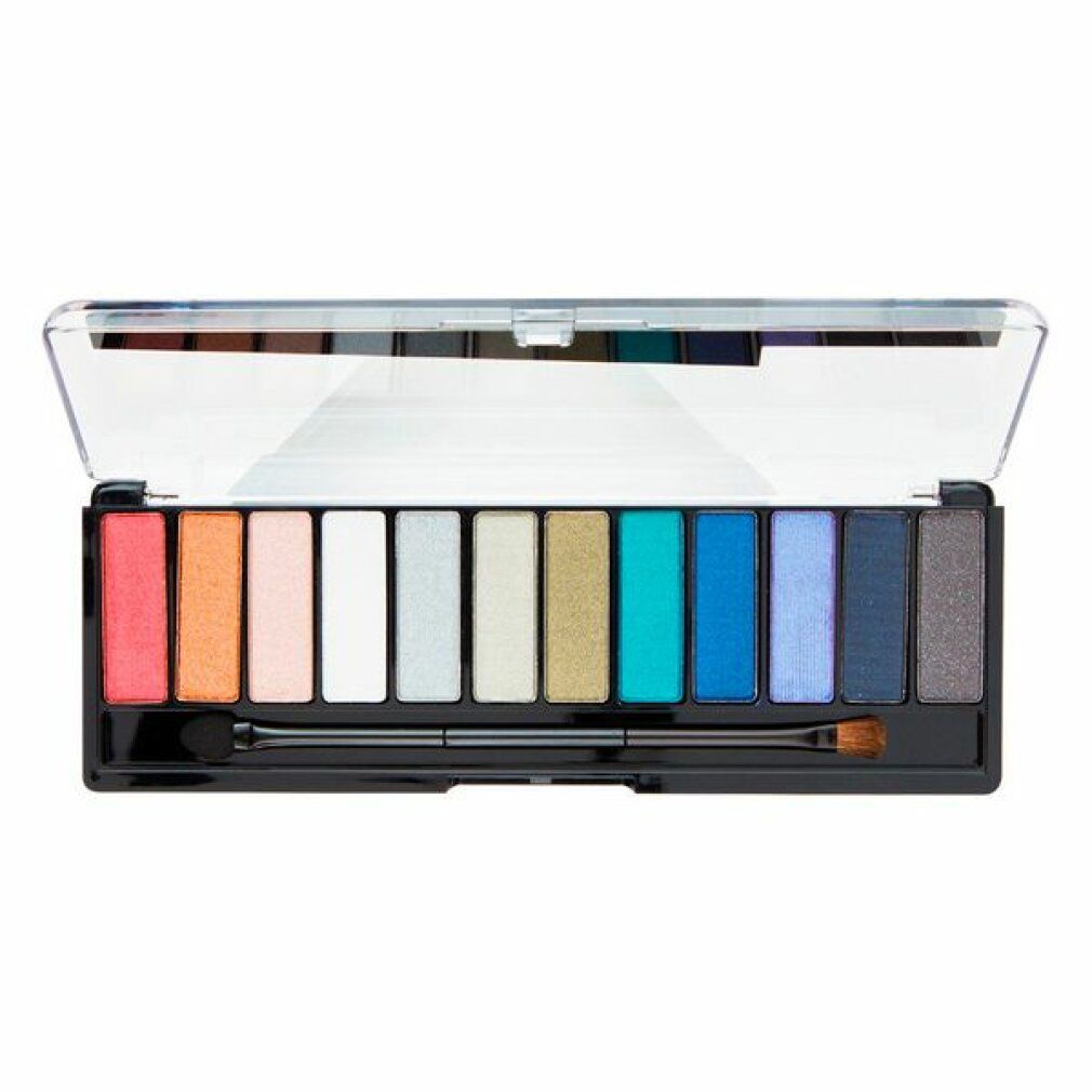 Lidschatten-Palette mit 12 Farbtönen und Applikator. Schwarze Verpackung mit transparentem Deckel. Geöffnet.