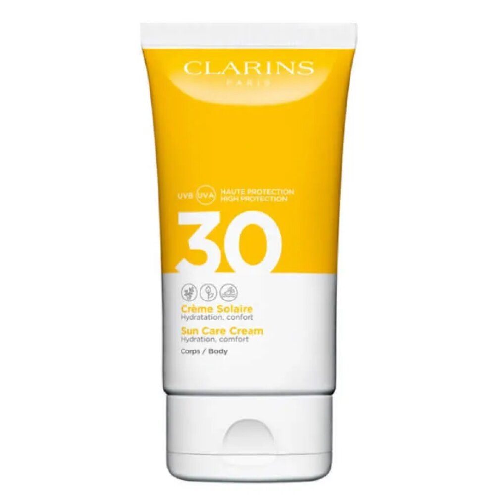 Sonnencreme-Tube, gelb-weiß. Aufschrift: Clarins, UVA/UVB 30, Crème Solaire, Sun Care Cream. Für Körper.