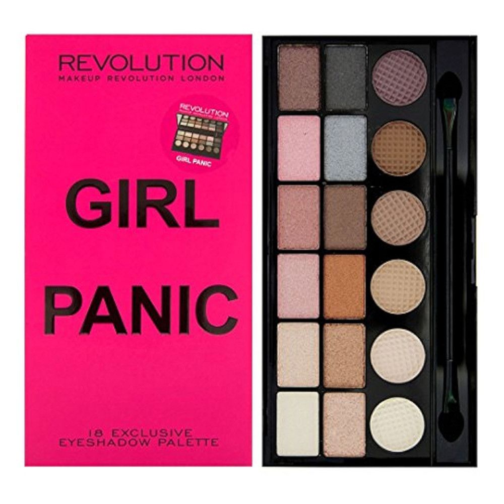 Girl Panic Lidschattenpalette. Pinke Verpackung mit Produktabbildung. 18 Lidschattenfarben, Pinsel. Marke: Makeup Revolution.