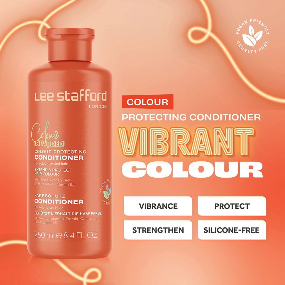 Orange Flasche Lee Stafford Colour Protecting Conditioner mit Text "Vibrant Colour".