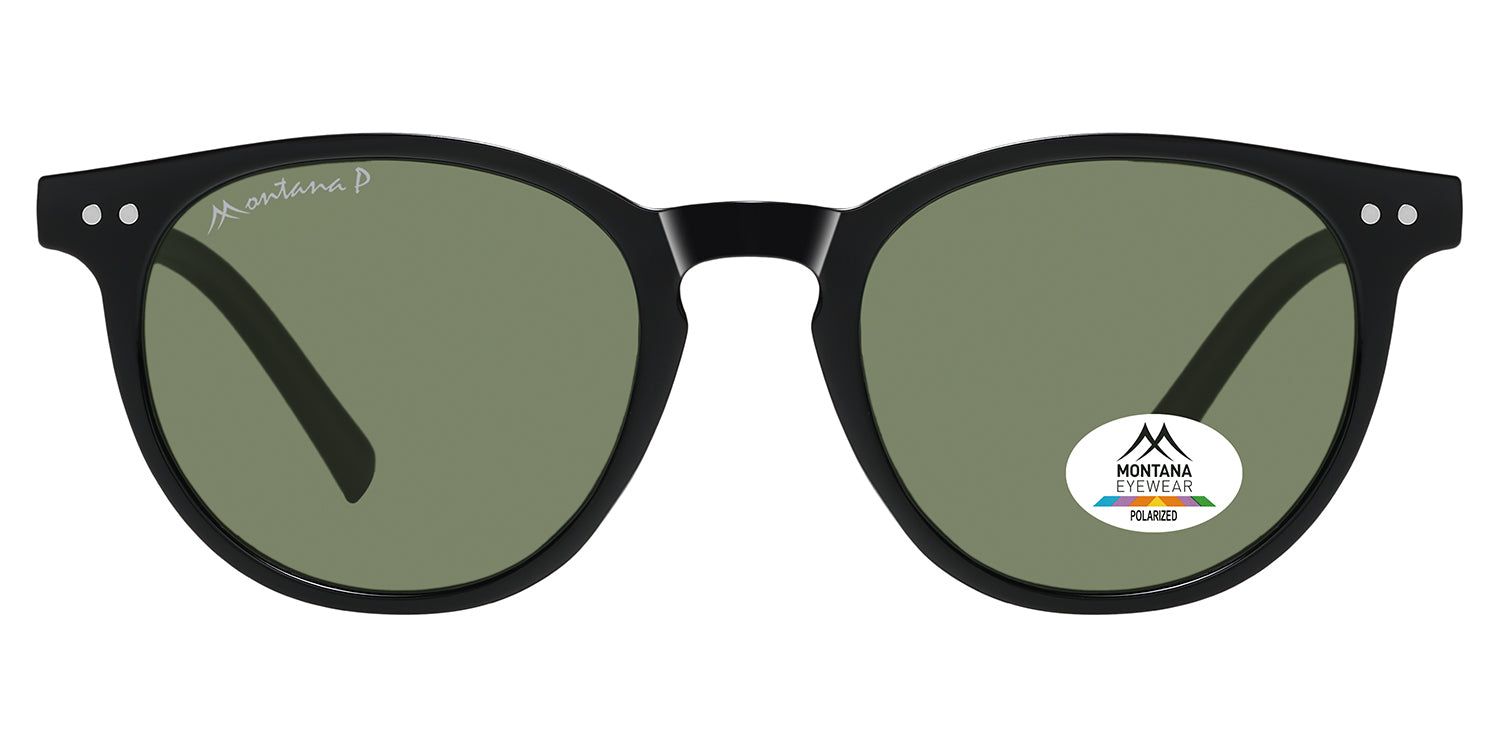 Runde Sonnenbrille mit schwarzem Rahmen und grünen Gläsern. Montana Eyewear Logo auf dem Glas. Polarisierte Gläser.