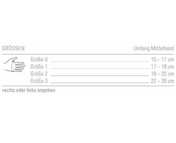 Tabelle mit Größenangaben für Daumenorthese. Größen 0-3, Umfang Mittelhand 15-26 cm. Text: rechts oder links angeben.