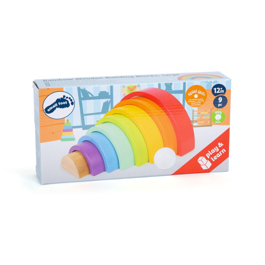 Verpackung für Regenbogen-Holzspielzeug. Enthält 9 Teile. Logo 'small foot'.