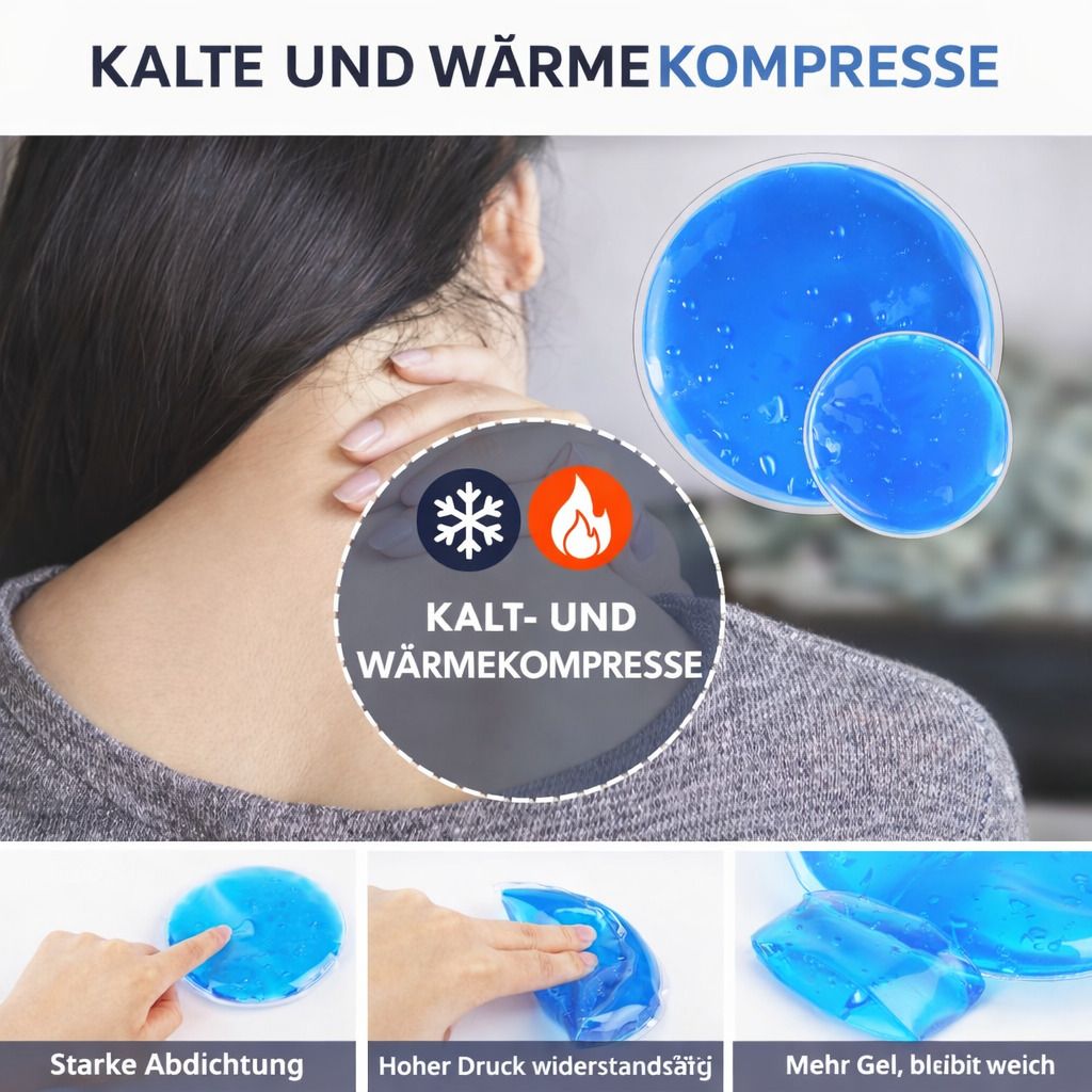 Grafik mit einer Frau, die eine blaue Gel-Kompresse am Nacken hält. Text: Kalt- und Wärmekompresse. Illustrationen von Eisflocken und Flammen.
