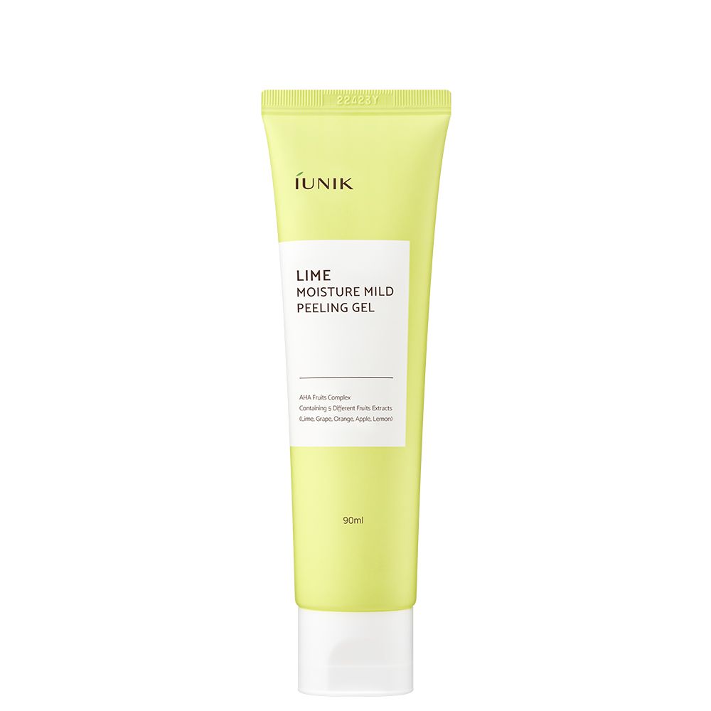 Helle grüne Tube mit weißem Verschluss. Enthält IUNIK Lime Moisture Mild Peeling Gel.