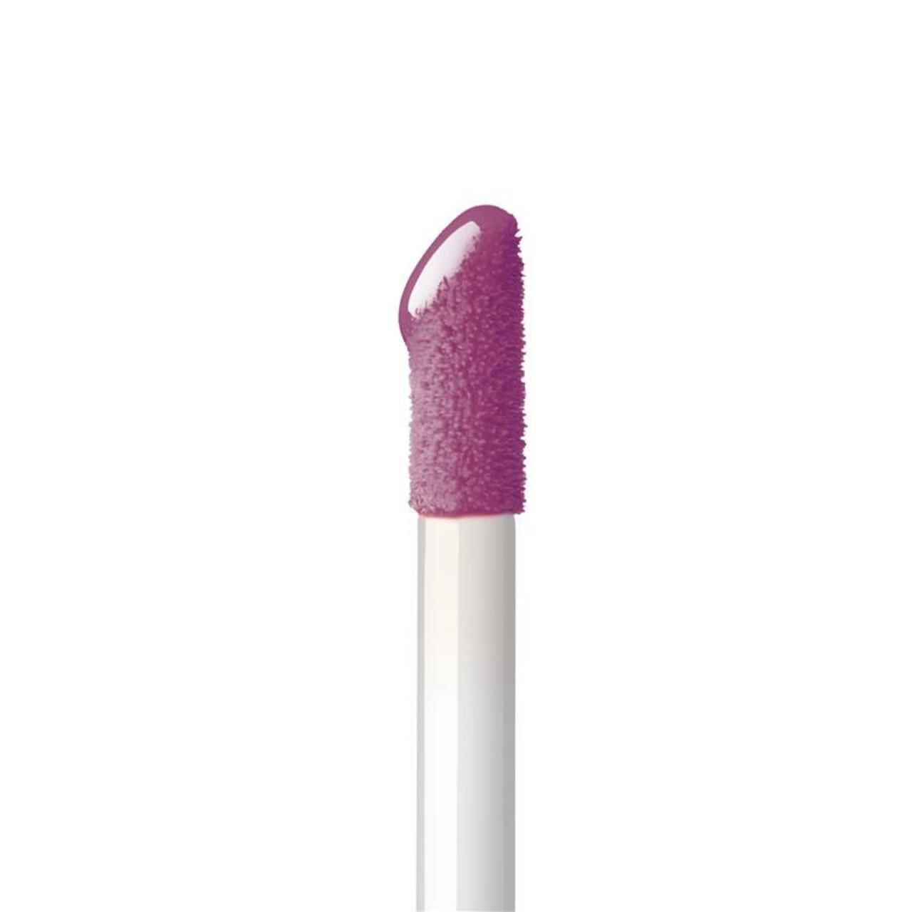 Nahaufnahme des Applikators eines Lipglosses. Der Applikator ist mit rosa Lipgloss bedeckt.