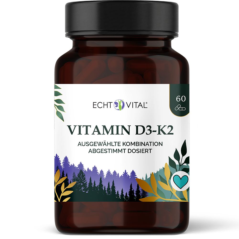 Echt Vital Vitamin D3-K2 Kapseln in Braunglasflasche mit schwarzem Deckel. 60 Kapseln.