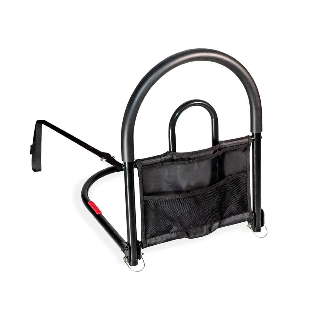 Schwarzes Bettgitter mit Tasche und Griff. Enthält Netztaschen und Befestigungsgurte. Metallrahmen.