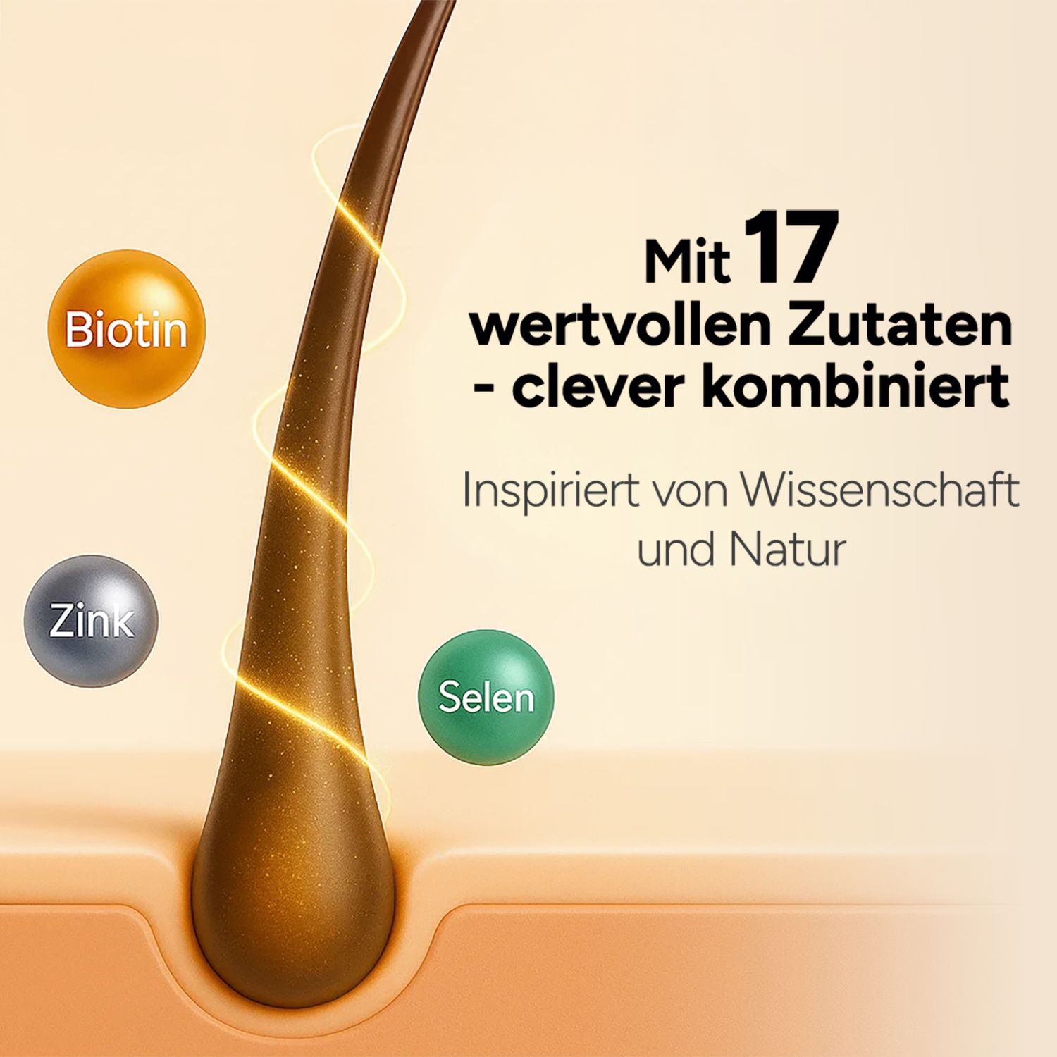 Haarsträhne mit Biotin, Zink und Selen. Beschriftung: Mit 17 wertvollen Zutaten - clever kombiniert.