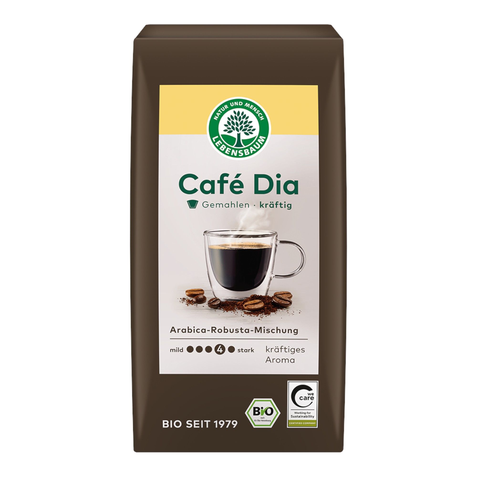 Lebensbaum Café Dia gemahlener Kaffee, Arabica-Robusta-Mischung, kräftiges Aroma.