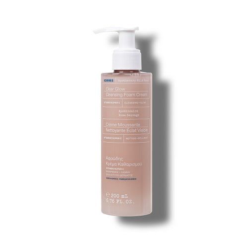 KORRES Waschcreme mit Pumpverschluss. Rosa Flasche mit weißem Etikett. Text: Clear Glow, Creme Moussante, 200 ml.