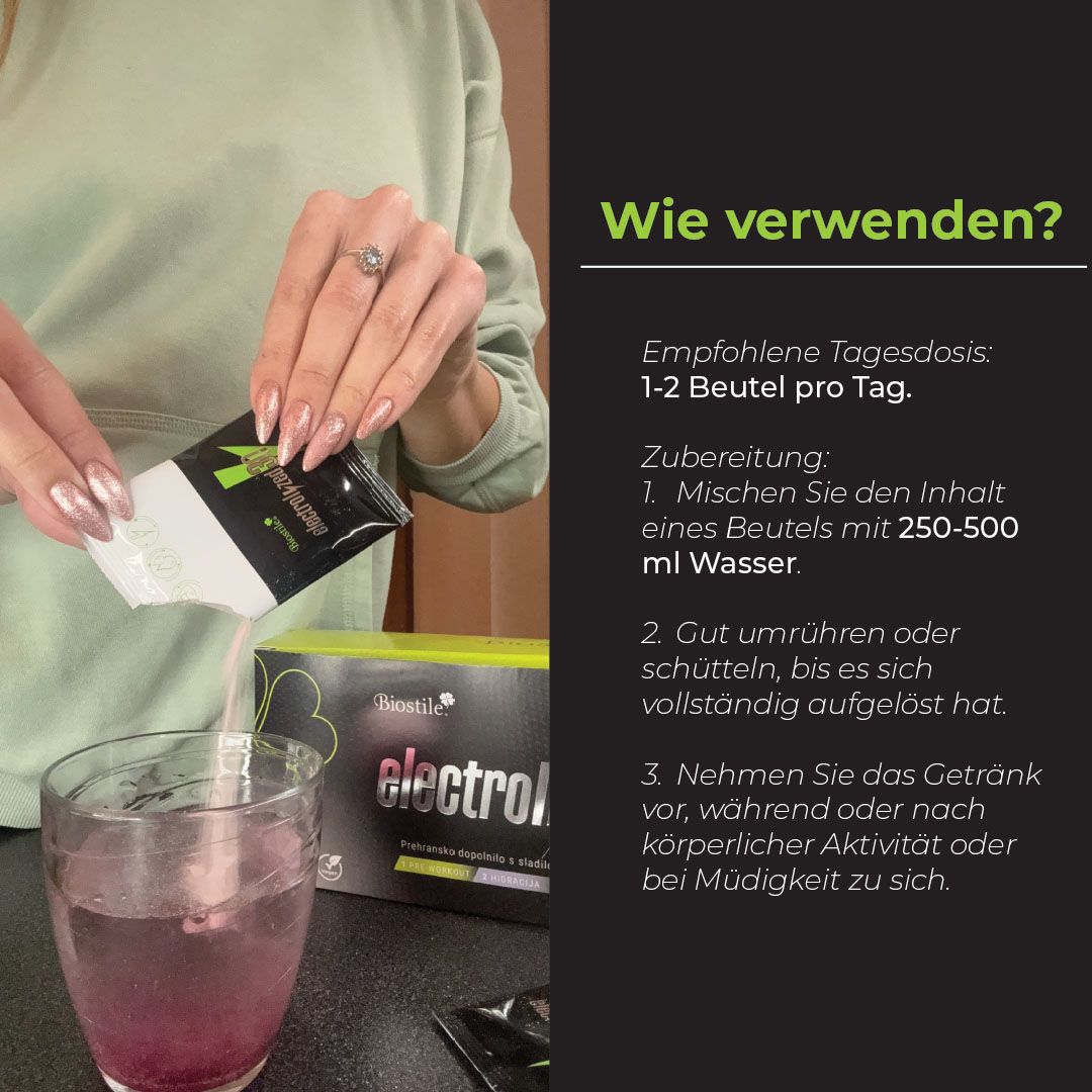 Hände gießen Inhalt eines Beutels in ein Glas. Produktverpackung und Text: "Wie verwenden?" und Dosierung.