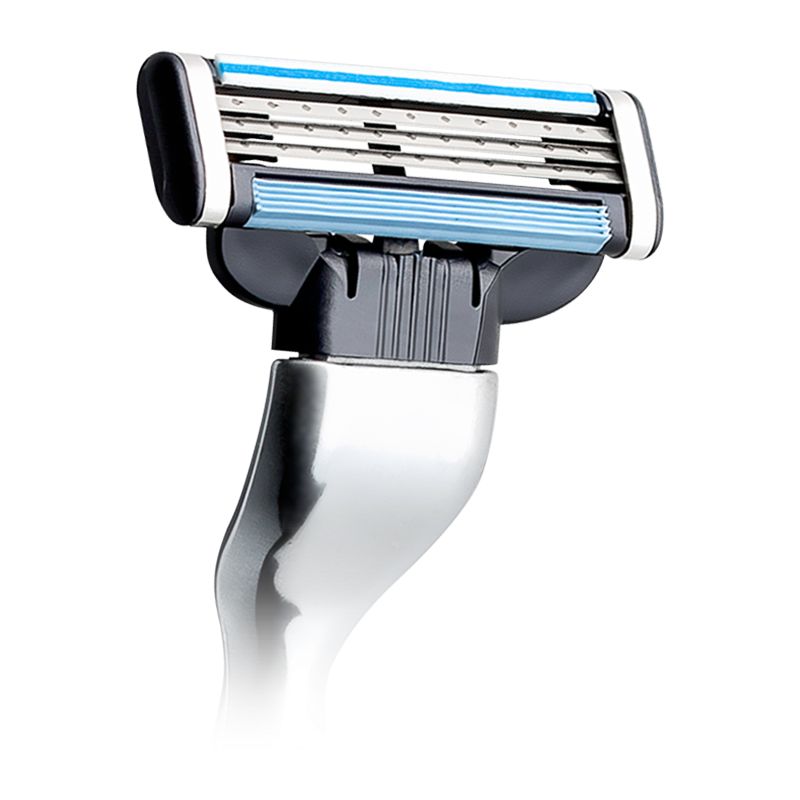Gillette MACH3 Rasiererkopf mit drei Klingen und blauen Streifen. Schwarzer Kunststoff und silberner Griff.