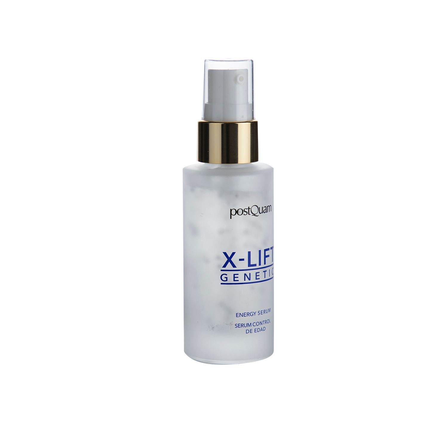 Serumflasche mit Sprühkopf. Aufschrift: X-Lift Genetic Energy Serum. Transparente Flasche mit weißen Partikeln.