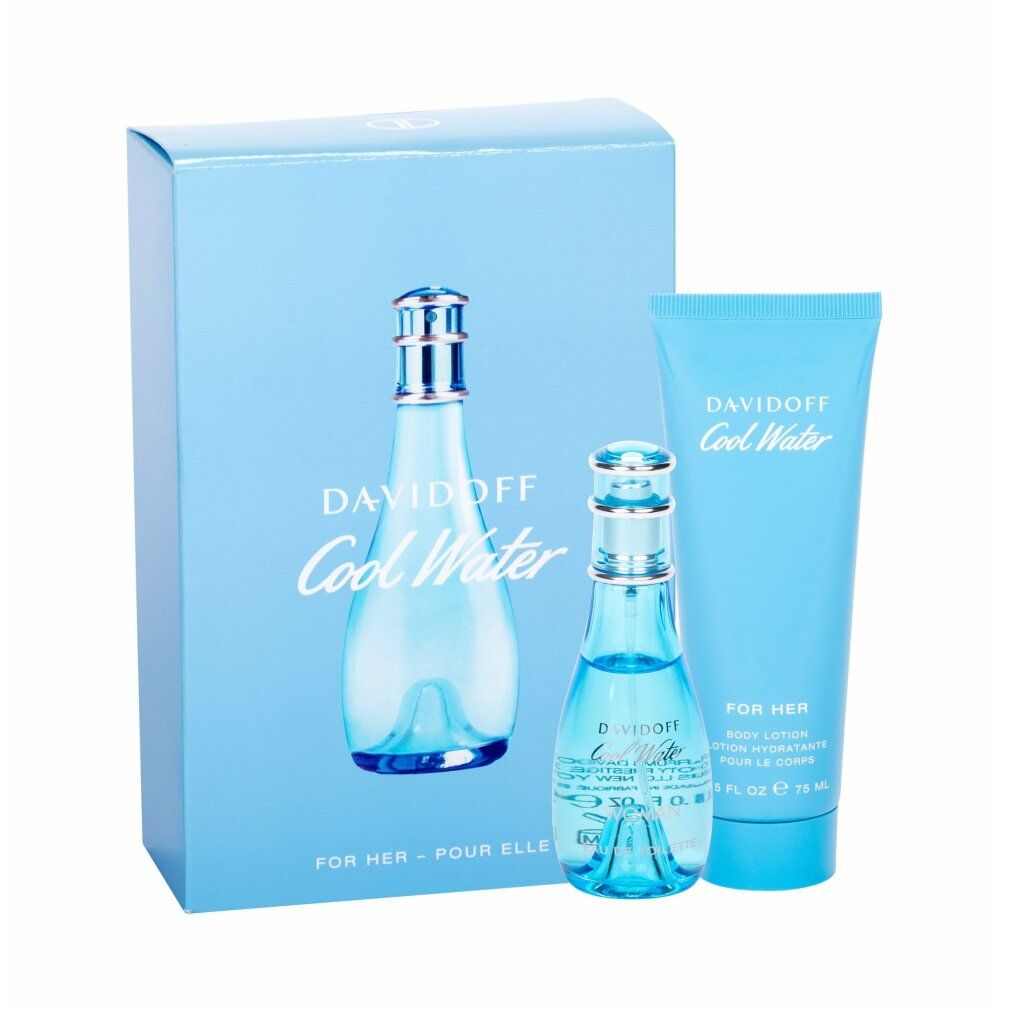 Geschenkset mit Flakon, Miniatur und Tube. Hellblaue Verpackung mit Schriftzug Davidoff Cool Water. Flakons und Tube aus blauem Kunststoff.