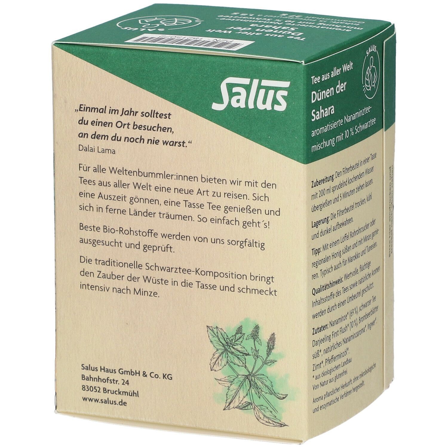 Karton Salus Tee. Rückseite: Produktname, Text, Logo, Bio-Siegel, Adresse.
