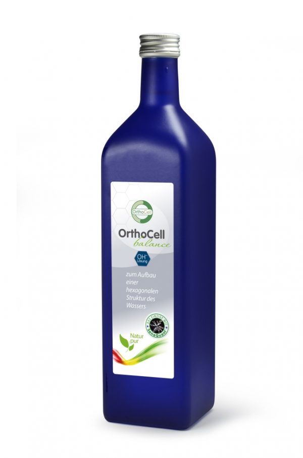 Blaue Flasche mit silbernem Verschluss. Aufkleber mit Produktnamen OrthoCell balance, OH-Lösung und weiteren Texten. Natur pur Logo.