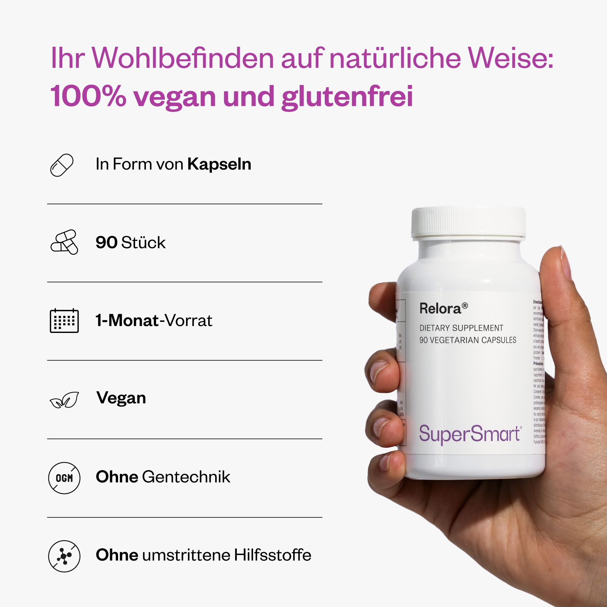 Weiße Flasche mit Relora®-Kapseln. Text: Relora®, Dietary Supplement, 90 Vegetarian Capsules. SuperSmart-Logo. Hand hält Flasche.